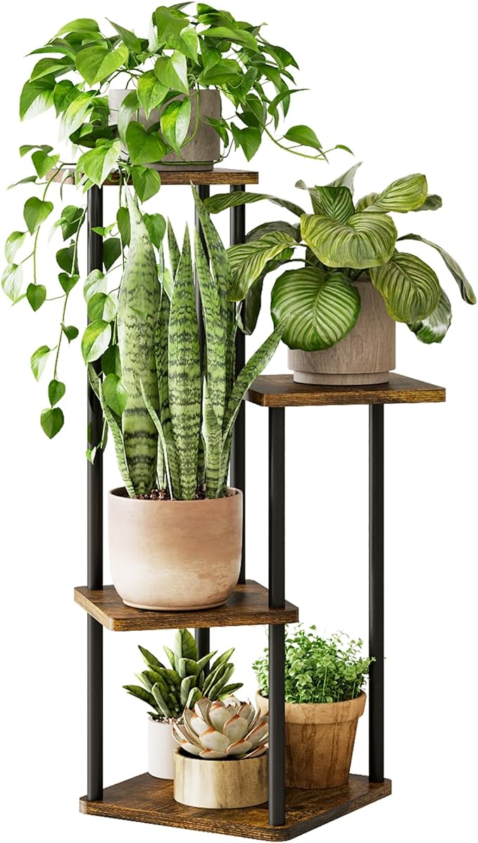 GENTINGBRO Tall Plant Stand Indoor 4 Tiered Plant Shelf for Multiple Plants Coner Shelf Stand Wood Plant Stand Metal Shelving for Living Room Bedroom Balcony Patio Brown Oak