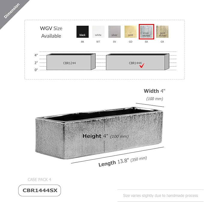 WGVI Long Rectangle Ceramic Planter Vase in Silver Etched 14" x 4" x 4"H, Rectangular Box Block Terrarium Pot, Flower Arrangement, Tabletop Centerpiece, Home Décor, Storage Container, 1 Pc.