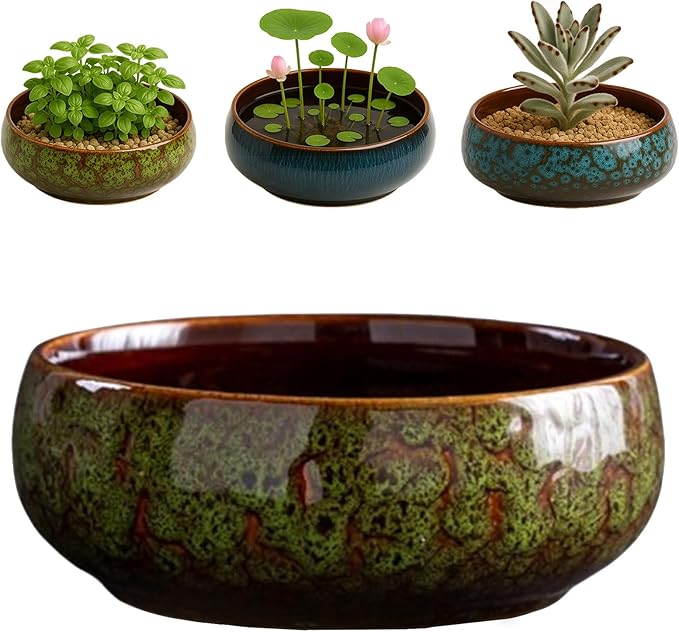 Oncpcare Lotus Bowl Planter – Glazed Ceramic Indoor Plant Bowl Lotus Pot for Lotus Seeds, Bonsai, Succulents | Shallow Hydroponic Decorative Oriental Flower Bowl (Green)