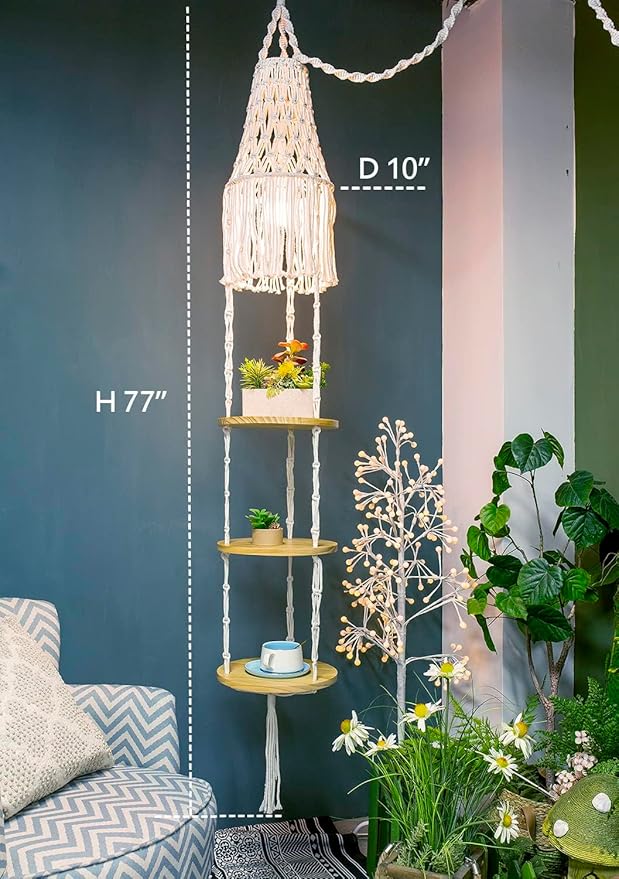 Macrame Lamp Shade and Hanging Plant Holder Shelf Indoor for Boho Bedroom Decor Plug in Pendant Light Hanging Light with Plug in Cord and Switch for Bohemian Office Corner Reading Light (Cream)