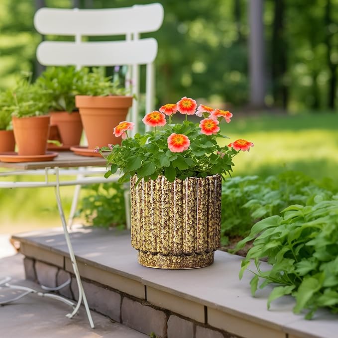 Ceramicfor Ceramic Pots for Plants - 9.6 Inch Ceramic Planters for Indoor Plants, Round Flower Pots with Drainage Hole, Fluted Large Planter Outdoor, Patio Decor, Garden Gifts, Yellow