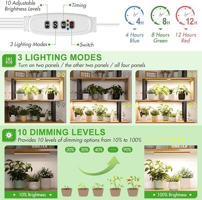 FOXGARDEN Grow Light, Bamboo Full Spectrum Plant Light Strip for Indoor Plants, 384 LED Bright Grow Lamp with Auto On/Off Timer 4/8/12H, 3 Switch Modes, 10 Dimmable Levels, 4 Strips with 1 Controller