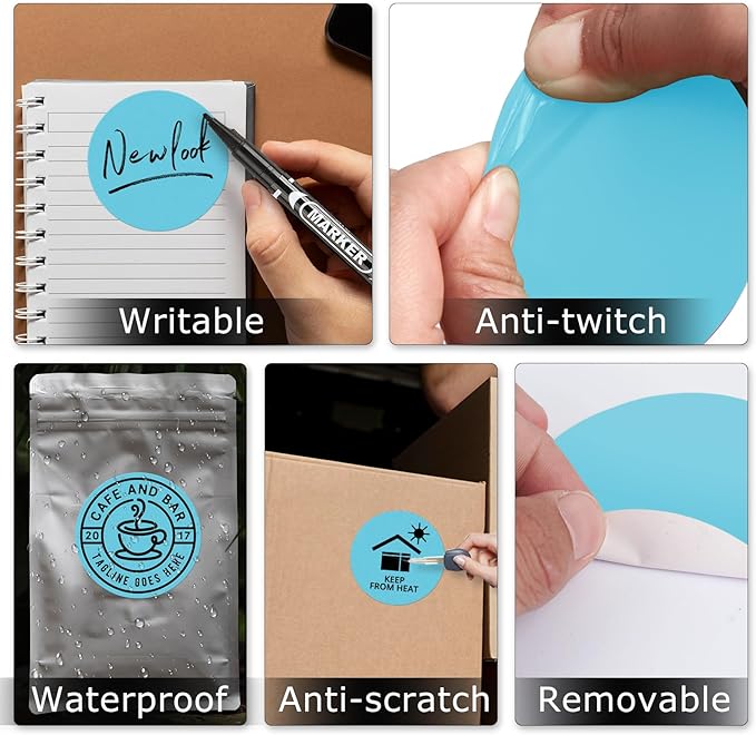 Blue Circle Thermal Labels Vinyl 3 Inch Self-Adhesive Round Stickers Roll Waterproof Printer Decals Name Tag for QR Code DIY Office Address 500 PCS