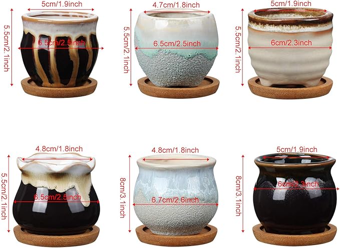 BBTO 6 Set Mini Succulent Pots Bulk with Drainage and Bamboo Tray 2.9 x 3.1 Inch Small Cute Ceramic Succulent Planter Pot Garden Glaze Container Ideal Present for Cactus Office Home Decoration Gift