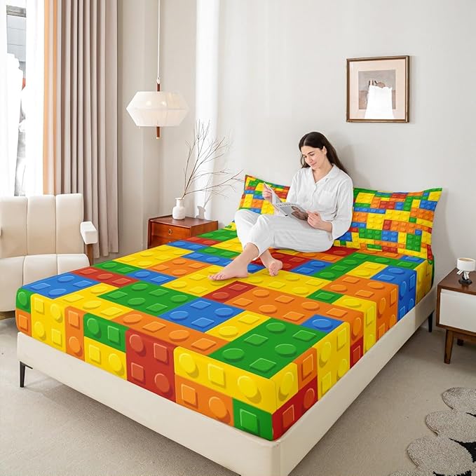 Feelyou Bed Sheet Set Twin Size Color Building Blocks Sheet Set Brick Sheets Bedroom Nursery Bedding Set with Flat Sheet Fitted Sheet Pillowcase 3Pcs