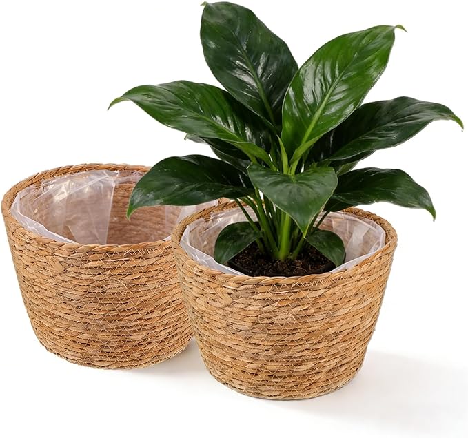 2PCS Seagrass Plant Basket for Indoor and Outdoor,Wicker Large Planter Basket for 6 inch Pot,Rattan Plant Pot Covers for Potted Plants,Woven Storage Baskets for Rustic Boho Farmhouse Decor