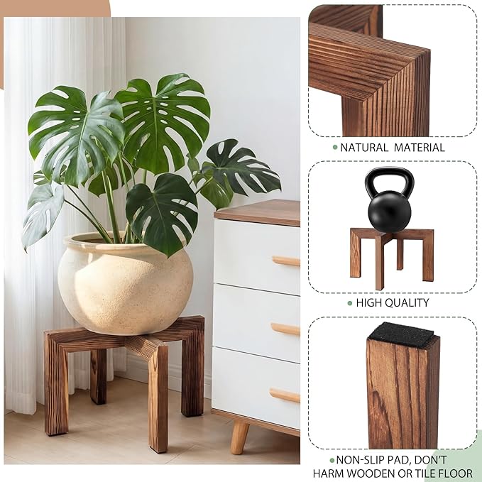 Pinkunn 3 Pcs Wood Plant Stand Indoor Plant Stand for 3-12 Inch Pots Mid-century Modern Plants Stool Plants Pot Holder Home Decor for Balcony Living Room Office Courtyard Detachable(Classic Style)