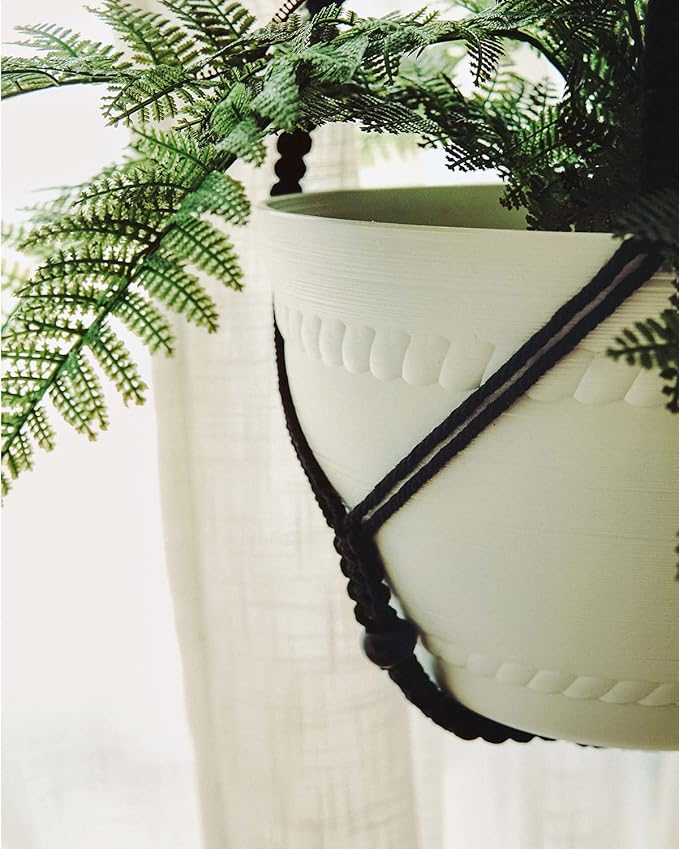 Bouqlife Large Macrame Plant Hanger Black 43 Inch Long for up to 12 Inch Pot No Tassel Cotton Rope Hanging Basket Plant Holder with Heavy Duty Ceiling Hooks