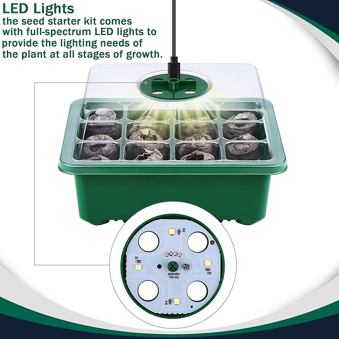 Hahood 6 Pack Seed Starter Tray Kit with Grow Light and Humidity Dome Germination Trays, 72 Peat Pellets, Plant Labels, Gardening Tools, Green, Modern Style, 7.3 x 5.7 x 4.5 inches