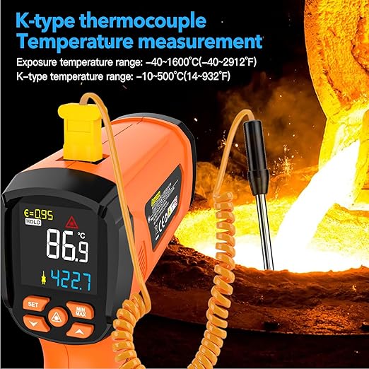 Infrared Thermometer Temperature Gun,-40℉~2912℉ Pyrometer, 50:1 High Temp Thermometer with Thermocouple Probe, Non-Contact Digital IR Laser Thermometer for Industrial HVAC Forge Metal