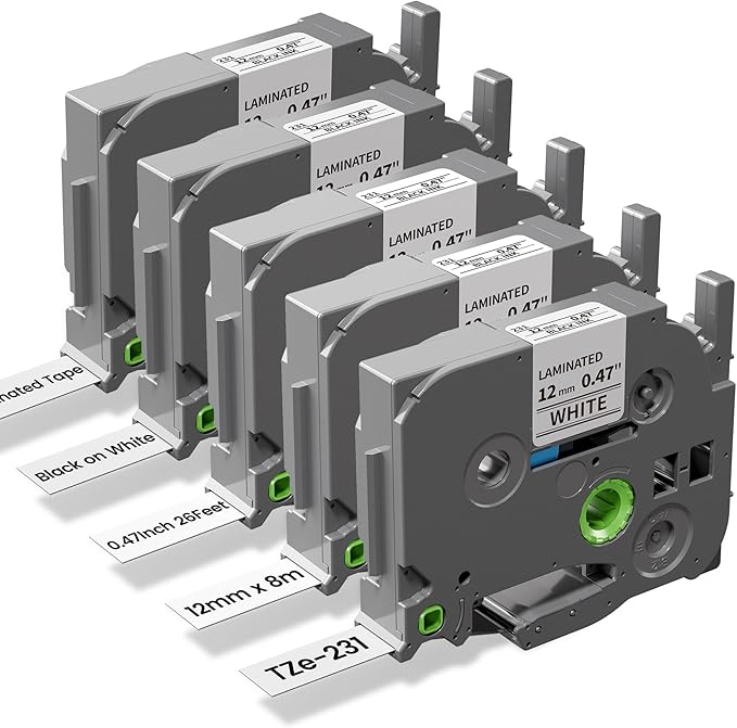 Freshworld 5-Pack Replace for Brother Label Maker Refills TZe-231 12mm 0.47 Black Ink on White Tape Laminated Compatible with Brother Label Maker Tape for P-Touch PTD210 D220 H110 H111 D410 610BT CUBE