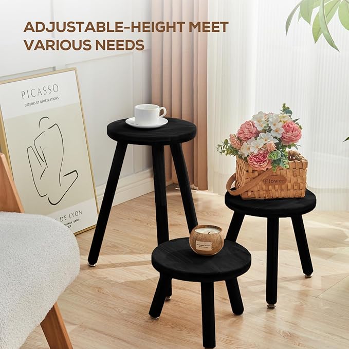 Small Round Side Table Adjustable Height Solid Wood Drink Table Indoor Tall Plant Stand Multi-Use Accent Stool-11‘’D × 20“H (Black)