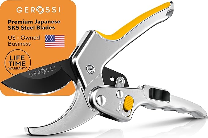 Ratchet Pruning Shears for Gardening Heavy Duty - Increases Cutting Power 3x - Perfect Ratchet Pruners for Weak Hands & Arthritis - 8” Anvil Garden Clippers - Sharp Blade for Effortless Cutting-Yellow