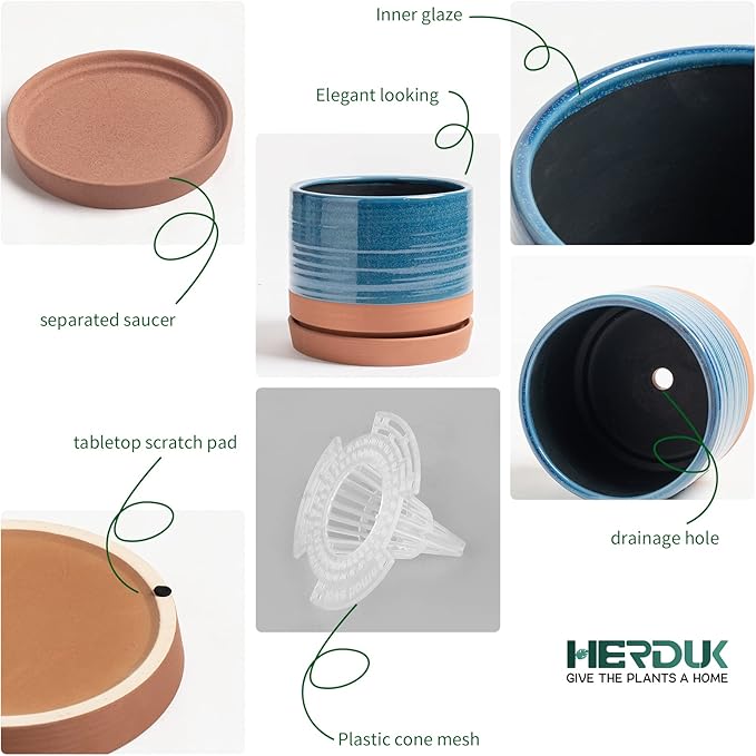 HERDUK 6 Inch Plant Pots, Ceramic Planter Pot with Drainage Hole & Saucer, Indoor/Outdoor Cylinder Round Planter Pot, Aqua Blue & Terracotta Red