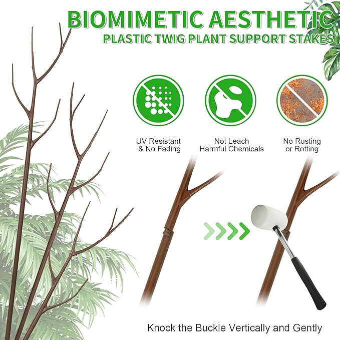 ROADPLUM 4 Pack 27.56" Detachable Twig Plant Support Stakes Set, Blends in to Plant, Branch Plant Sticks with Orchid Clips Twist Plant Ties, Twig Trellis for Indoor Outdoor Plants Potted Plants Flower