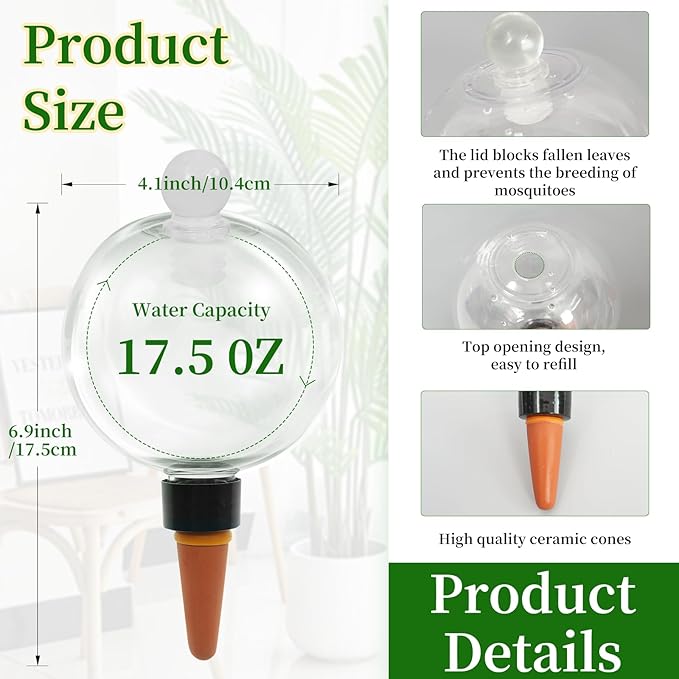 6pcs Plant Self Watering Globes with Covers, Plastic Water Bulbs Top Fill, Plant Watering Devices System Slow Release Terracotta, Water Spikes Stakes for Indoor (6)