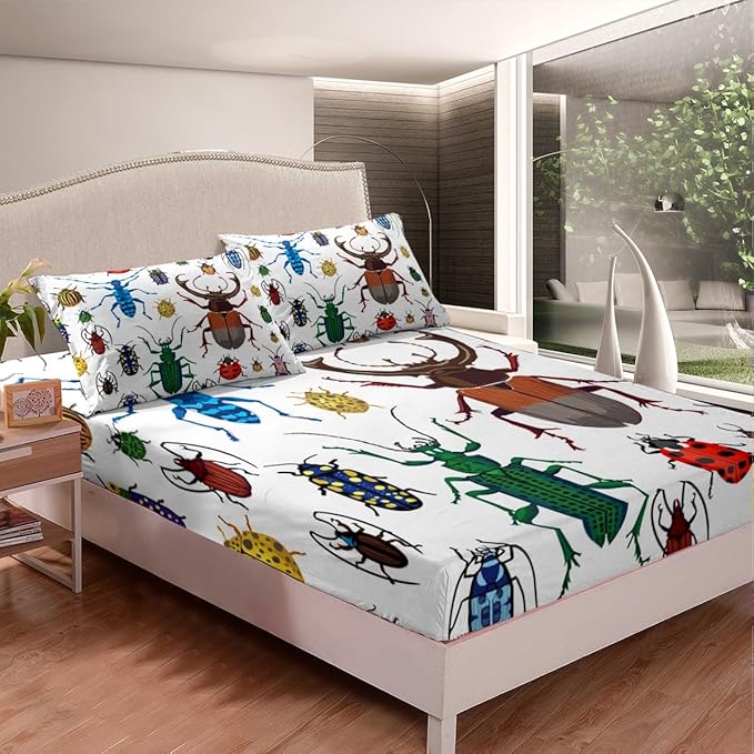 Feelyou Kid's Sheets Set King Size Cute Cartoon Bug Flying s Pattern Bed Sheet Set Soft Breathable Colorful Beetle Sheets Boys Bedroom Decor Bedding Set (1 Flat Sheet + 1 Fitted Sheet +2 Pillow Case)