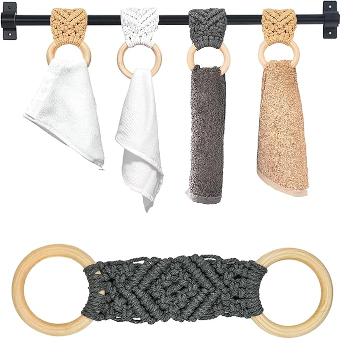 2Pcs Macrame Towel Holder Ring | Kitchen Towel Clips for Oven Handle | Crochet Towel Holder | Crochet Towel Holder Rings for Hanging Kitchen Towels (Gray)