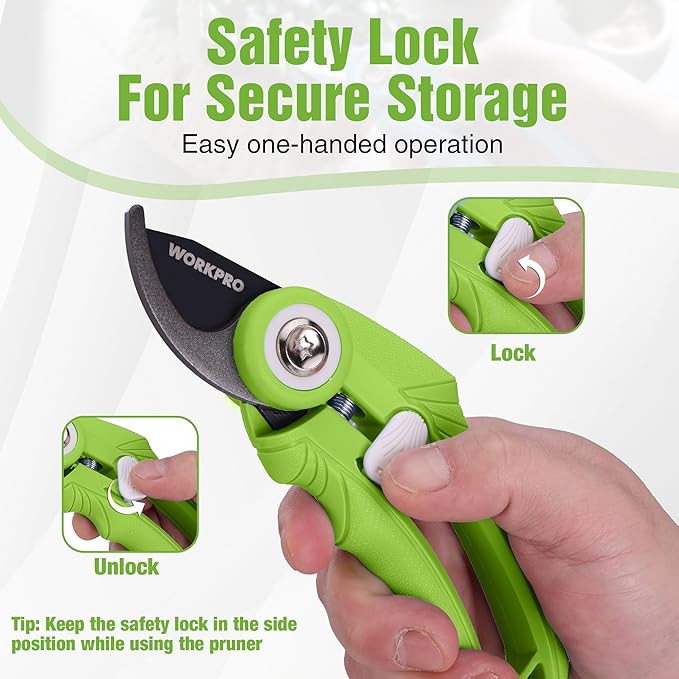 WORKPRO 6.9" Bypass Pruning Shears, Gardening Scissors with Sharp SK5 Steel Blade, Handheld Garden Floral Clippers for Rose, Plants, Flowers, Fruits Trees, Gardening Gifts for Women & Men, Green