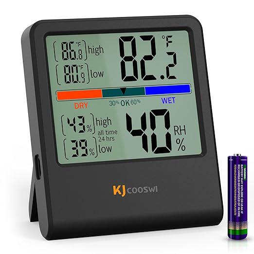 Digital Thermometer Hygrometer, Indoor Wall Thermometer Humidity Indoor with High Accuracy, Suitable for Greenhouse, Home and Office, AAA Battery (Black)