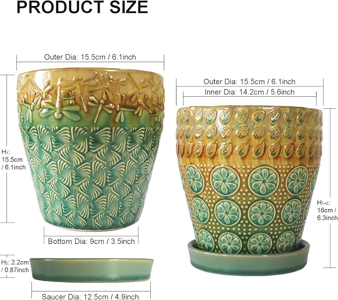 YQSLYSF 6 Inch Ceramic Planter with Drainage Hole and Saucer for Plants, Indoor-Outdoor Large Round Succulent Orchid Flower Pot, Set of 2