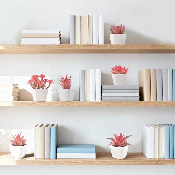 Woration 6Pcs Small Artificial Pink Succulent Set Fake Flocking Succulents Plants Potted Floral Arrangement for Shelf Office Home Desk Decorations - White Pots