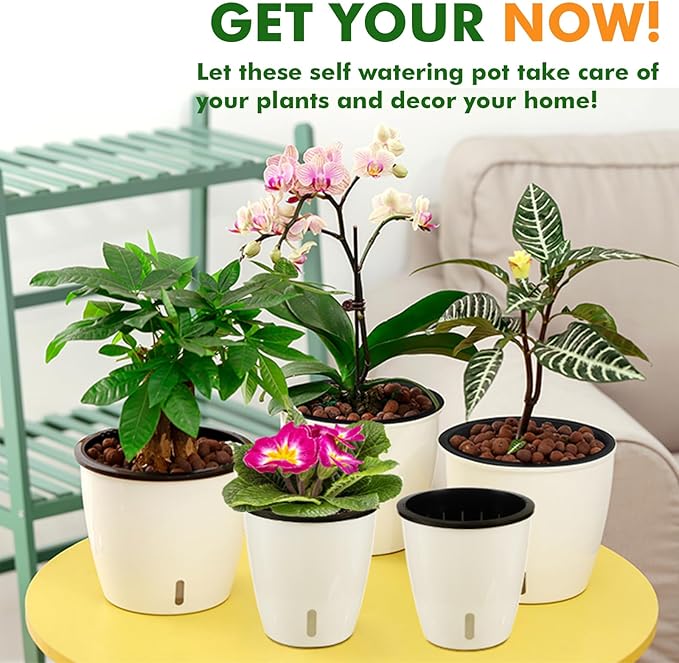 Planterhoma 5 Inch Self Watering Pots for Indoor Plants, 12 Packs Self Watering Planters for Orchid, Spider Plant, Devil's Ivy & African Violet, Water Indicator & Black Wick Pots, White/Black
