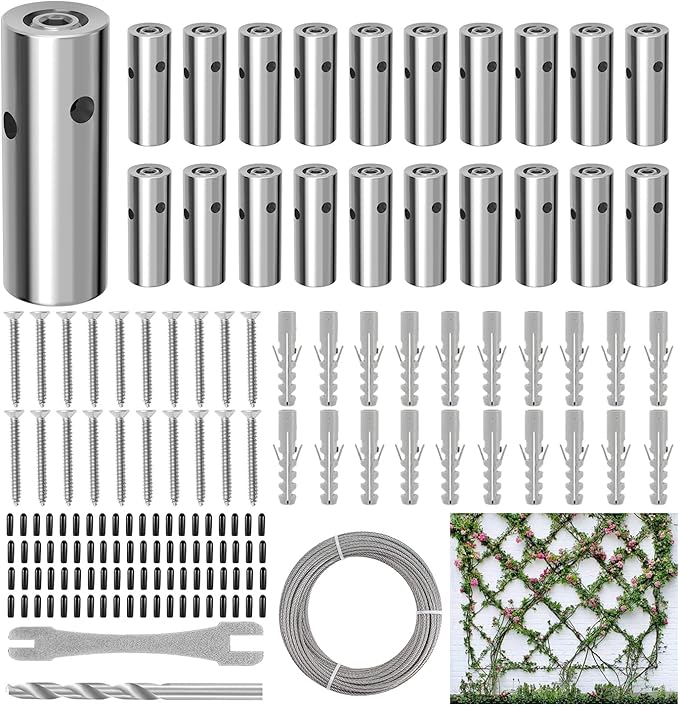 Wire Trellis Kit for Climbing Plants Outdoor - 20-Set Wall Mounted Trellis with 98Ft x 1/8" T316 Stainless Steel Rope, Heavy Duty Garden Wire Trellis System for Espalier & Vertical Gardening