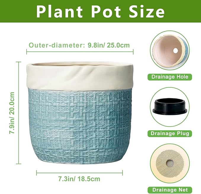 9.8 Inch Plant Pot - Ceramic Pots for Plants with Drainage Hole, Boho Plant Pots for Indoor Outdoor Plants, Decorative Round Planters, Porch Office Home Decor, Housewarming Gifts, Blue