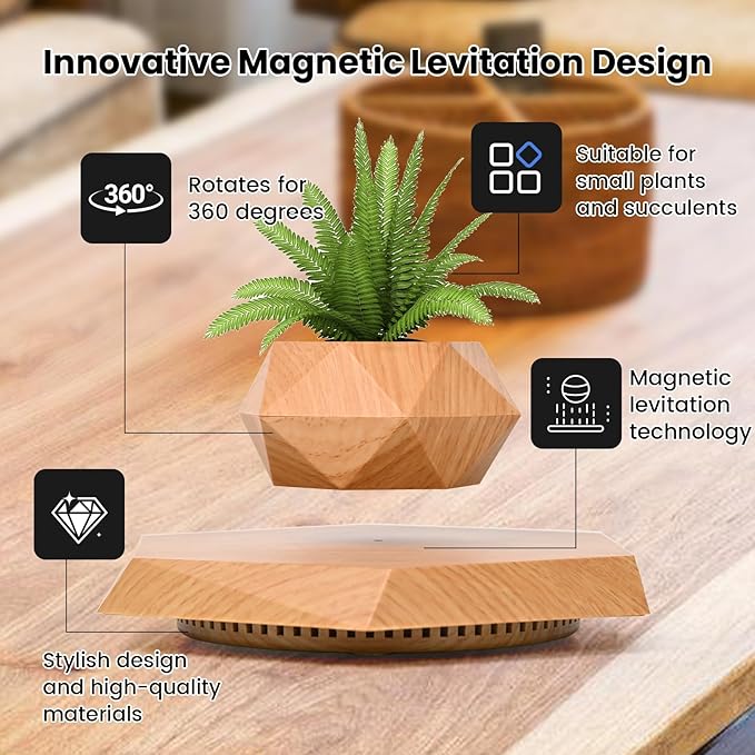 Levitating Plant Pot, Magnetic Levitation Flower Pot Suspension Floating Plant Succulents, Air Bonsai Potted Plant for Home Decoration, Living Room, Office, Desk (Wood)