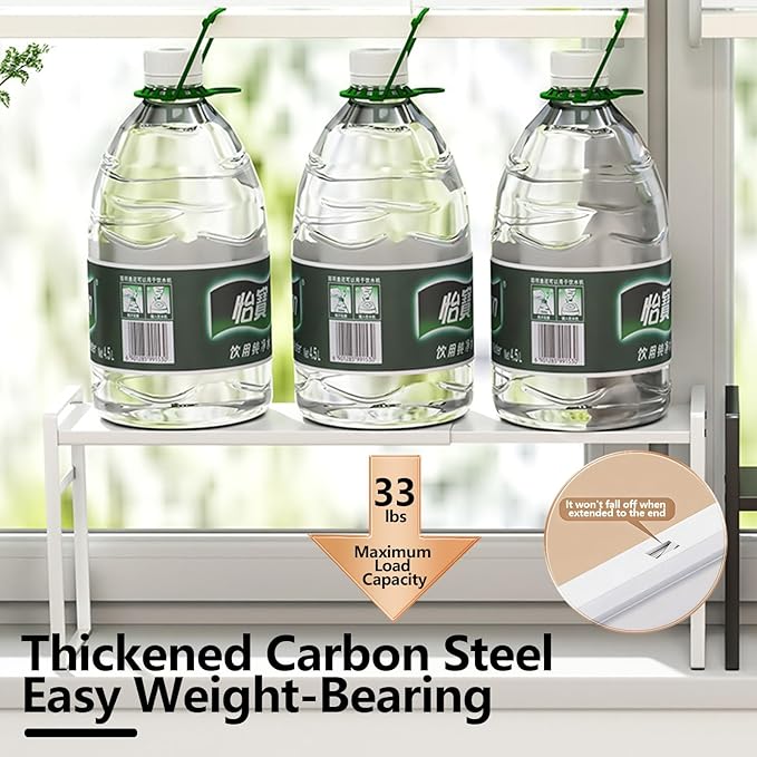 Retractable Over The Sink Shelf - Carbon Steel Window Sill Plant Shelves, Kitchen Counter Shelf for Plants & Storage Organization Accessories (Black)