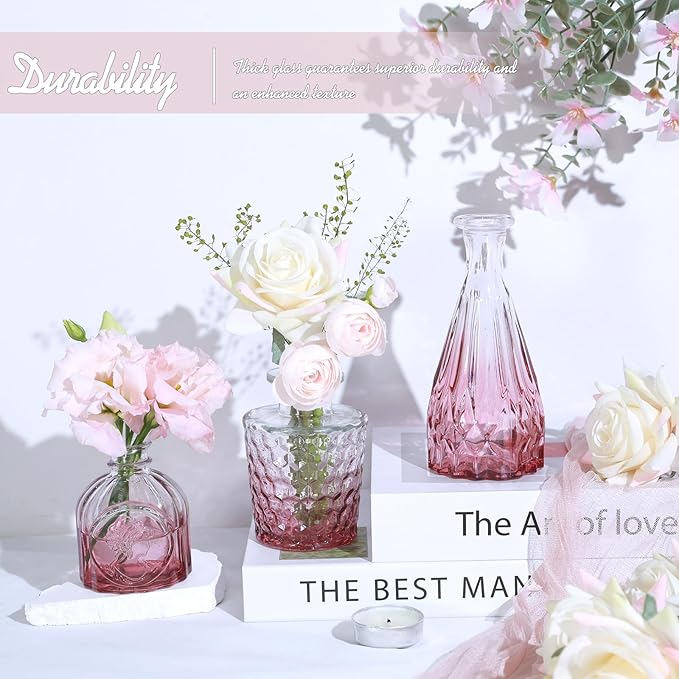 TBWIND Pink Day Glass Bud Vase Set of 5, Small Flower Vases for Centerpieces in Bulk, Mini Vintage Vase for Wedding Decor, Single Flowers, and Home Table Décor