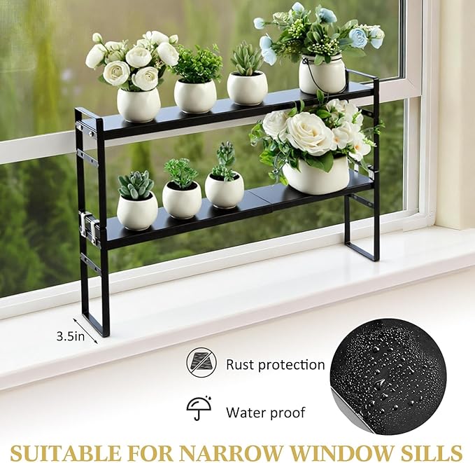 2 Pcs Expandable Window Sill Plant Shelf, 13.7 x 3.5 x 7.28 Inches, Stackable Narrow over The Sink Shelf, Adjustable Height Metal Window Sill Extender Shelves for Kitchen Bathroom (Black)
