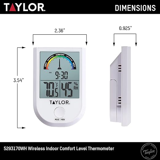 Taylor Digital Wireless Indoor Comfort Level Thermometer and Hygrometer, Easy-to-Read Display for Home, Office, Greenhouse, Nursery, and Indoor Areas, White