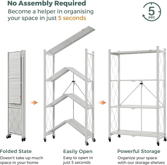 DEANIC 4 Tier Foldable Storage Shelves with Wheels, Large Capacity Shelving Unit, Freestanding Metal Wire Shelf Rack, No Assembly Organizer Rack for Garage Kitchen, Basement, Pantry(Grey Pack of 2)