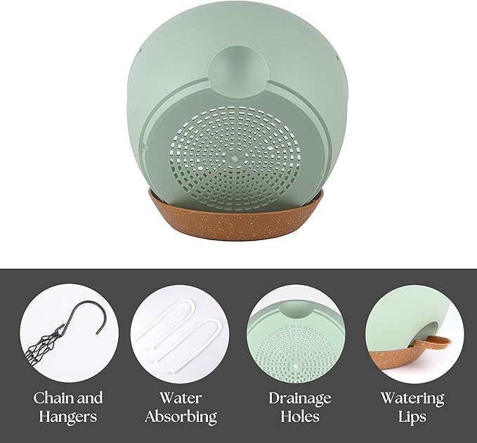 TYMENSH Hanging Plant Pots 12 inch Set of 2, Self Watering Hanging Planters with Drainage Holes, Indoor Outdoor Plastic Flower Pots with Hanging Chains for Balcony, Porch, Garden, Home Décor, Green