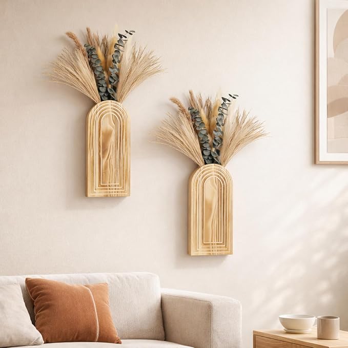 Wooden Wall Vase Set of 2 with Dried Pampas Grass & Eucalyptus – Boho Farmhouse Wall Decor for Living Room, Bathroom, Entryway or Hallway, Rustic Modern Wooden Wall Art