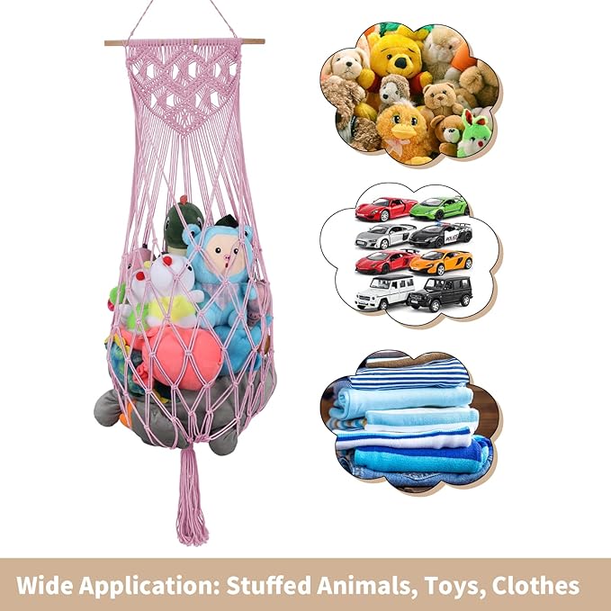 Stuffed Animal Hammock Corner, 63 Inch Jumbo Macrame Ceiling Toys Net, Light Pink Wall Hanging Organizer Holder Plush Storage Display Net with Led Light for Nursery Playroom Kid Room Decor Gift