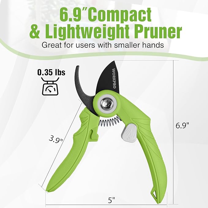 WORKPRO 6.9" Bypass Pruning Shears, Gardening Scissors with Sharp SK5 Steel Blade, Handheld Garden Floral Clippers for Rose, Plants, Flowers, Fruits Trees, Gardening Gifts for Women & Men, Green