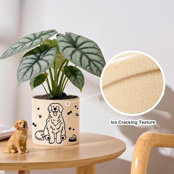 STHIE Ceramic Flower Pots with Drainage Holes, 5 inch Ceramic pots for Plants, Cute Round Flower Planters for Snake Plant, Hand-Painted Garden Pots (Sitting Dog)