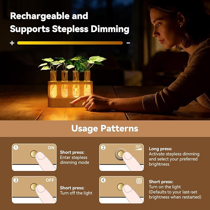Rechargeable Plant Propagation Station with Stepless Dimming LED Light, Wooden Stand, 4 Glass Test Tubes, Home Decor for Hydroponic Plants, Unique Gifts for Women & Plant Lovers