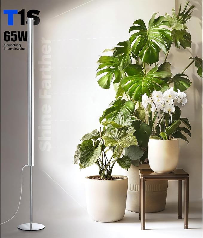 Barrina T1S Standing Grow Light for Indoor Plants with Timer, 65W 5000K High PPFD Tera Series Vertical Full Spectrum Grow Lights Adjustable Height 5FT-5.6FT, Foot Switch, Non-Glare Design, Silver