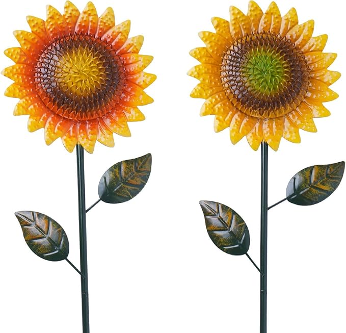 Metal Sunflower Garden Stakes Decor,2 Pack 39" Flower Garden Stake for Outdoor Home Garden Backyard Lawn Pathway Patio Sunflower Sticks Decor