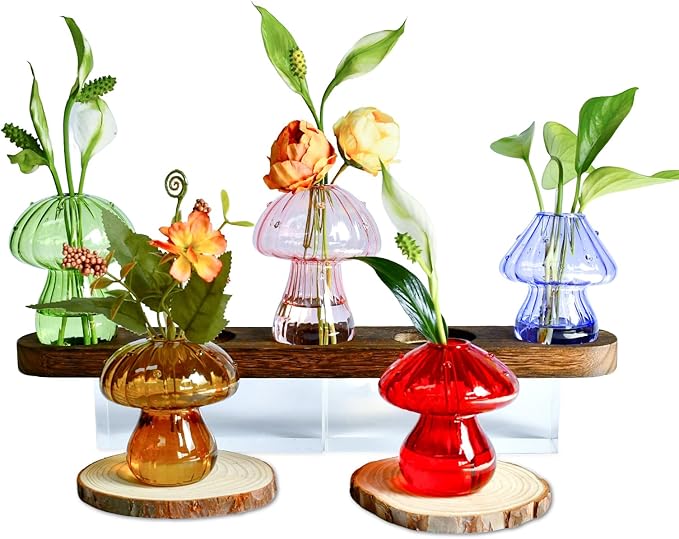 Mushroom Vase, Mushroom Propagation Stations Vases, Colored Glass Vase Set of 5, Hydroponic Glass Container for Plants, Bud Vases for Home Office Decor