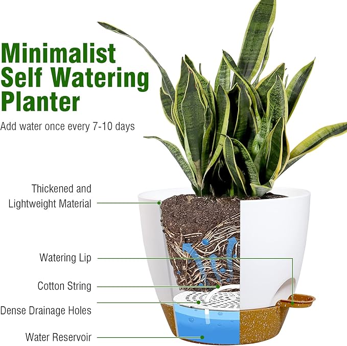 WSMKSZ 12 inch Large Self Watering Pots, Flower Plant Pots with Drainage Holes for Indoor Outdoor Garden Plants, Plastic Planters with Removable Deep Reservoir, White with Brown