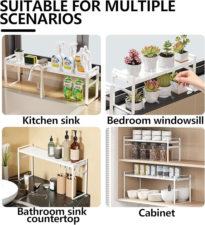 Retractable Over The Sink Shelf - Carbon Steel Window Sill Plant Shelves, Kitchen Counter Shelf for Plants & Storage Organization Accessories (Black)
