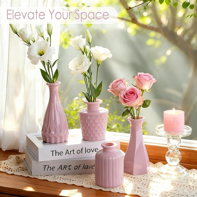 TBWIND Blush Pink Glass Bud Vase Set of 12 – Mini Vintage Vases for Flowers, Centerpieces, Wedding & Home Décor