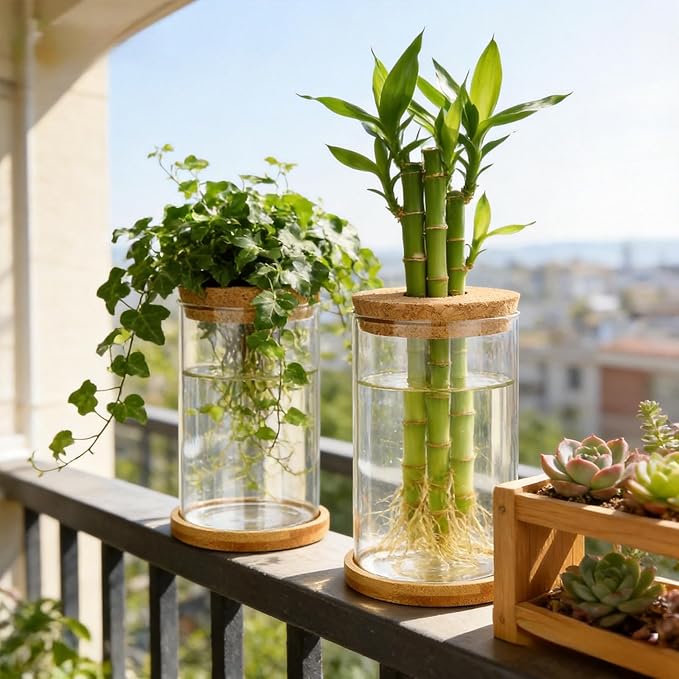 Glass Plant Propagation Stations, 2PCS Hydroponic Vases with Wooden Lid and Bamboo Stand for Plant Growing, Home & Office Decor