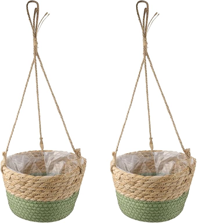 MY MIRONEY 2PCS Hanging Planter Basket Natural Seagrass Woven Plant Pot Hanger Hanging Plant Holder with Twine for Home Decor, Indoor & Outdoor Use, 8.11" x 4.96", Green