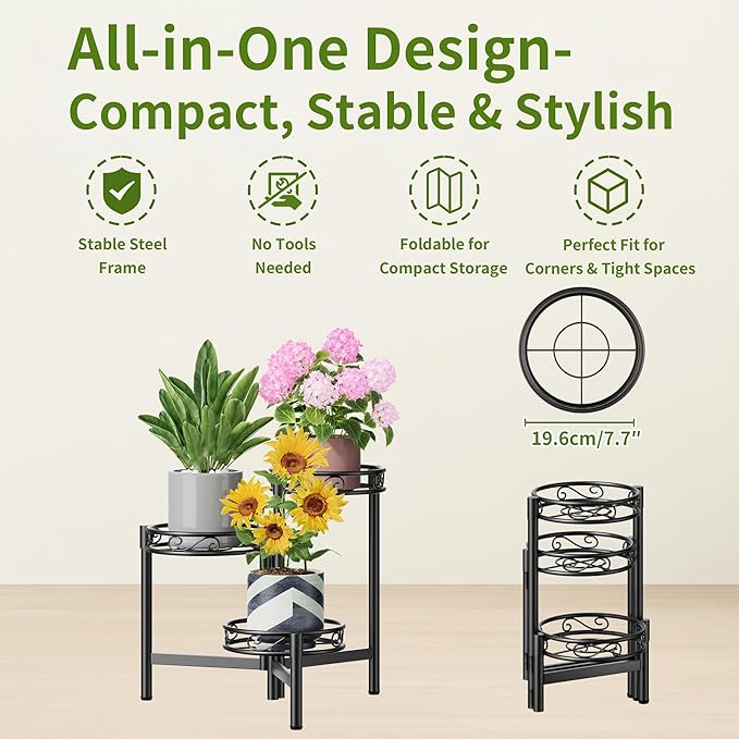 Outdoor Plant Stands for Patio 3 Tier Corner Plant Stands for Indoor Plants Living Room Black Circle